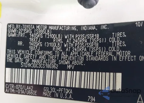 2012 Toyota Sienna Limited V6 7 Passenger/Xle V6 7 Passenger Auto Access Seat/Xle V6 8 Passenger from USA, damaged, VIN 5TDYK3DC3CS186962